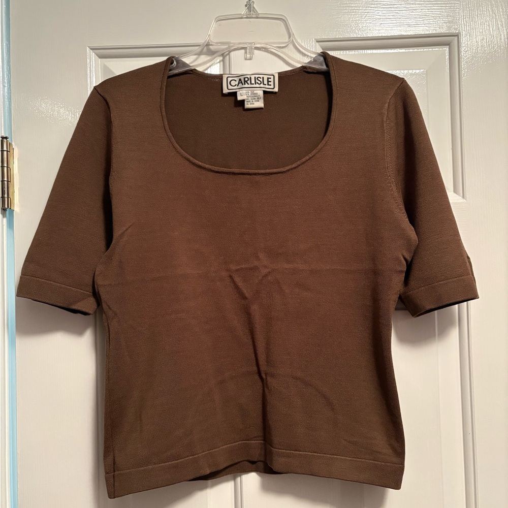 Carlisle silk Chocolate Brown Scoop Neck Short Sleeve Top